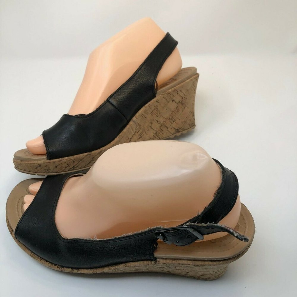 Crocs A-Leigh Black Sandals Women Size 8 Open Toe Cork Platform Wedge Slingback